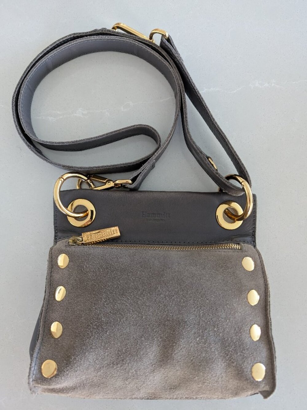 Hammitt Tony Small Grey Taupe Suede Leather Crossbody Purse Gold Hardware